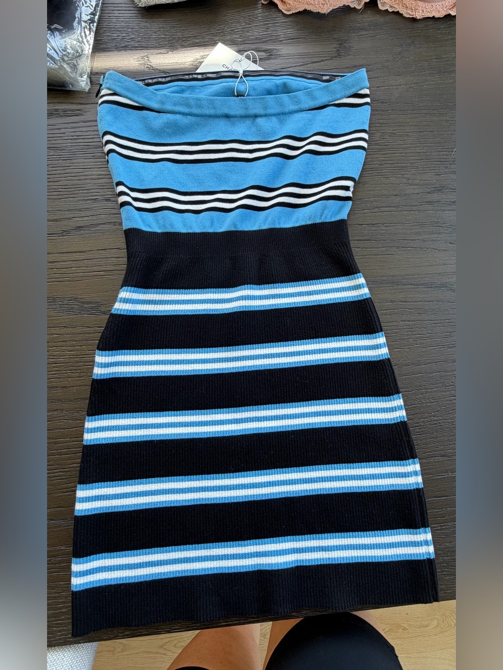 Authentic pre-fall 2024 CHANEL Blue, Black & White Striped Tube Knit Dress - Picture 5 of 11
